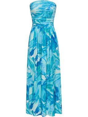 Women's Maxi Dress Blue Water Color Flower Strapless Neck Sleeveless A LINE